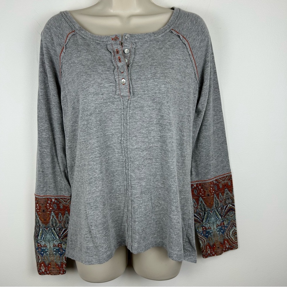 Women's Gray Henley Top with Printed Cuff Detail
